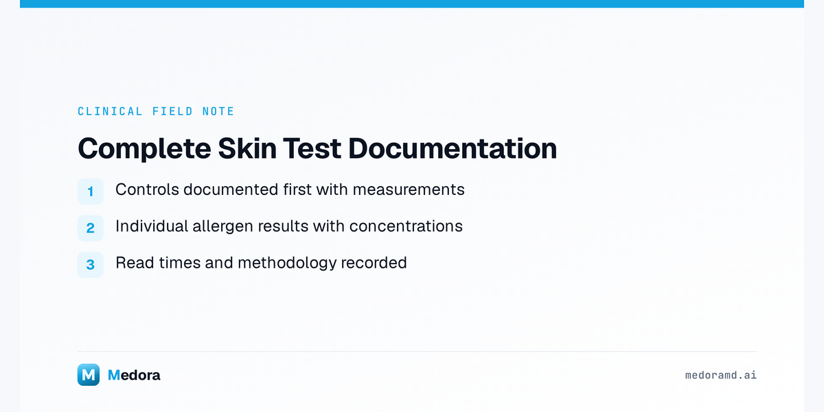 Close-up view of a medical form showing detailed skin test results with allergen names, measurements, and control values documented in a structured format
