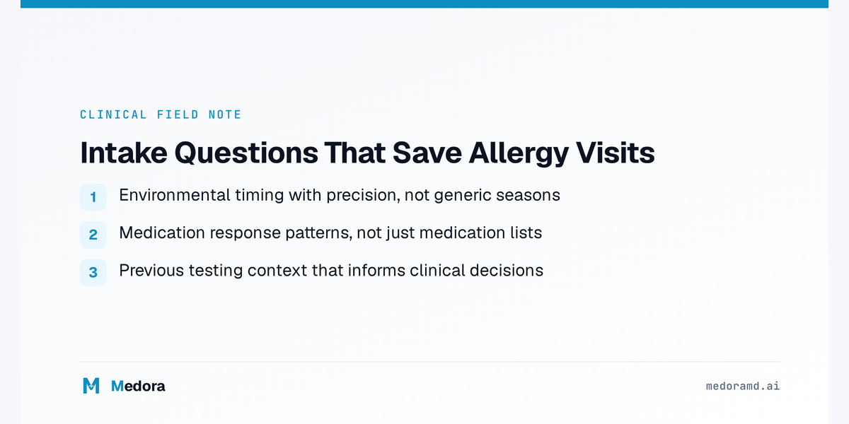 Split screen showing cluttered paper intake forms on left versus structured digital allergy history interface on right with organized sections for environmental triggers and medication responses