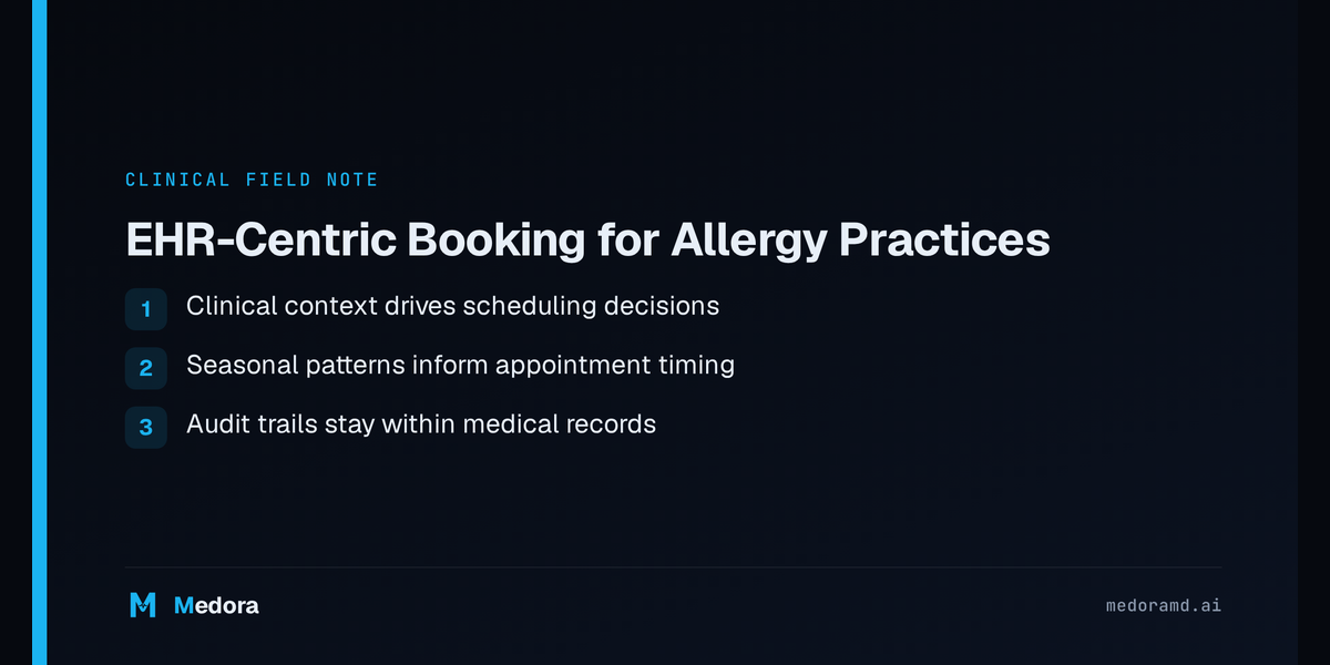 Split-screen showing chaotic sticky note scheduling system versus organized EHR appointment interface with patient clinical context displayed